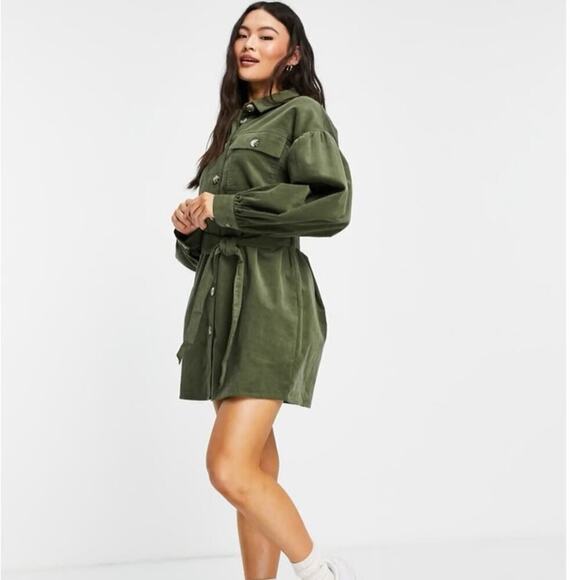 ASOS Design Cord Mini Shirt Dress Women’s Size 4 Green Belted Corduroy - Picture 8 of 10